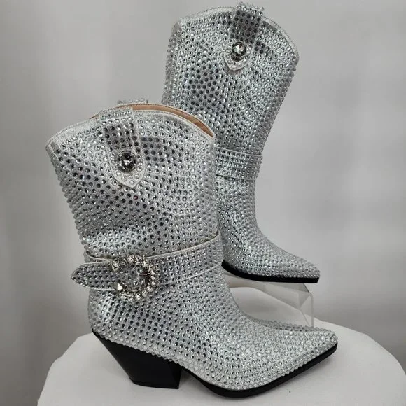 AZALEA WANG Federica Silver Crystal Shortie Western Cowgirl Boots 6-10 NWT - Picture 3 of 10
